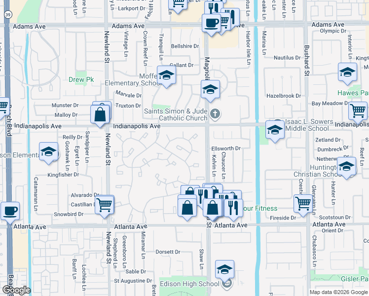 map of restaurants, bars, coffee shops, grocery stores, and more near 8886 Plumas Circle in Huntington Beach