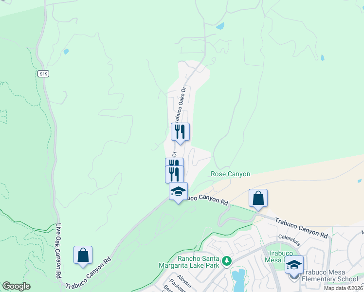 map of restaurants, bars, coffee shops, grocery stores, and more near 20571 Sycamore Drive in Trabuco Canyon
