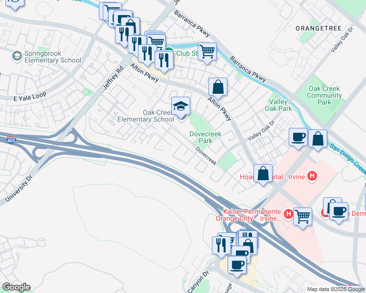 map of restaurants, bars, coffee shops, grocery stores, and more near 37 Pheasant Creek in Irvine