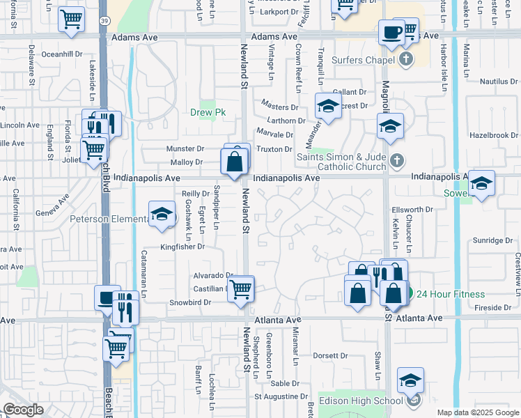 map of restaurants, bars, coffee shops, grocery stores, and more near 8565 Colusa Circle in Huntington Beach