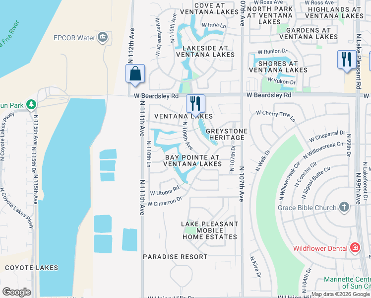 map of restaurants, bars, coffee shops, grocery stores, and more near 8143 West Marco Polo in Sun City