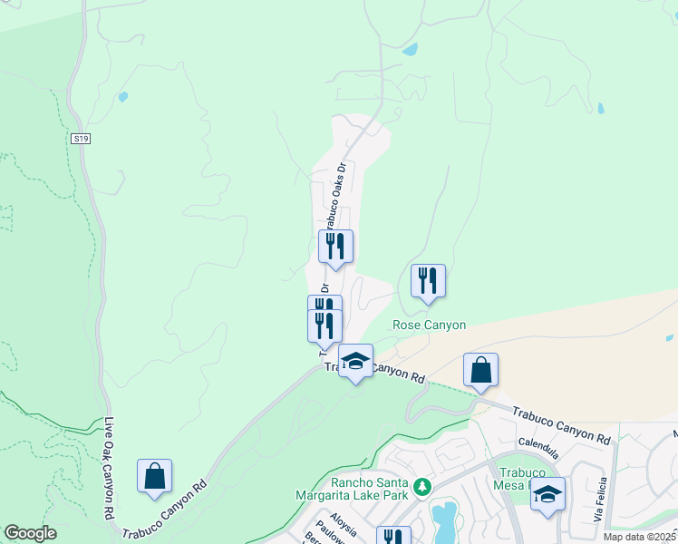 map of restaurants, bars, coffee shops, grocery stores, and more near 20571 Sycamore Drive in Trabuco Canyon