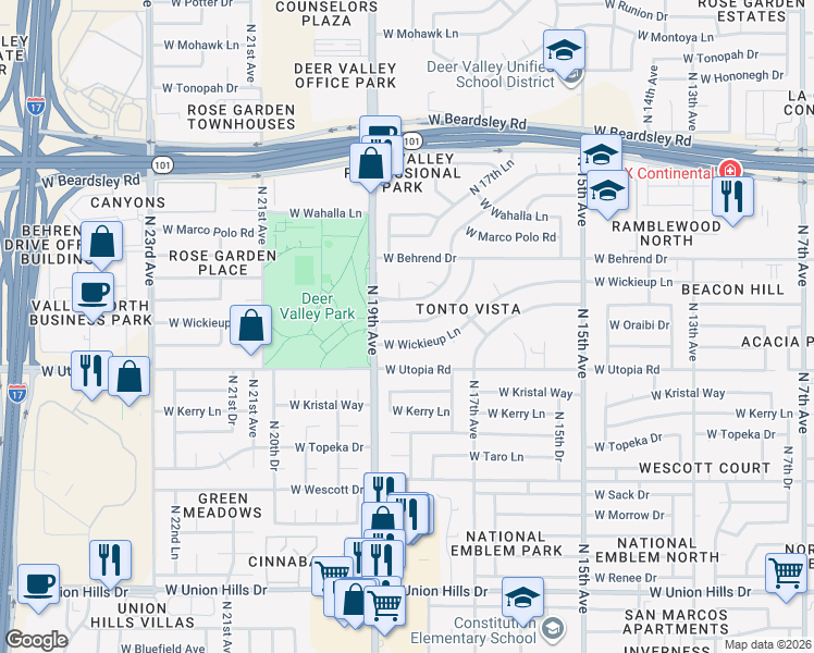 map of restaurants, bars, coffee shops, grocery stores, and more near 1819 West Oraibi Drive in Phoenix
