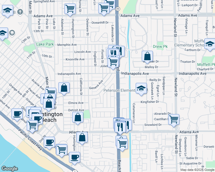 map of restaurants, bars, coffee shops, grocery stores, and more near 20701 Beach Boulevard in Huntington Beach