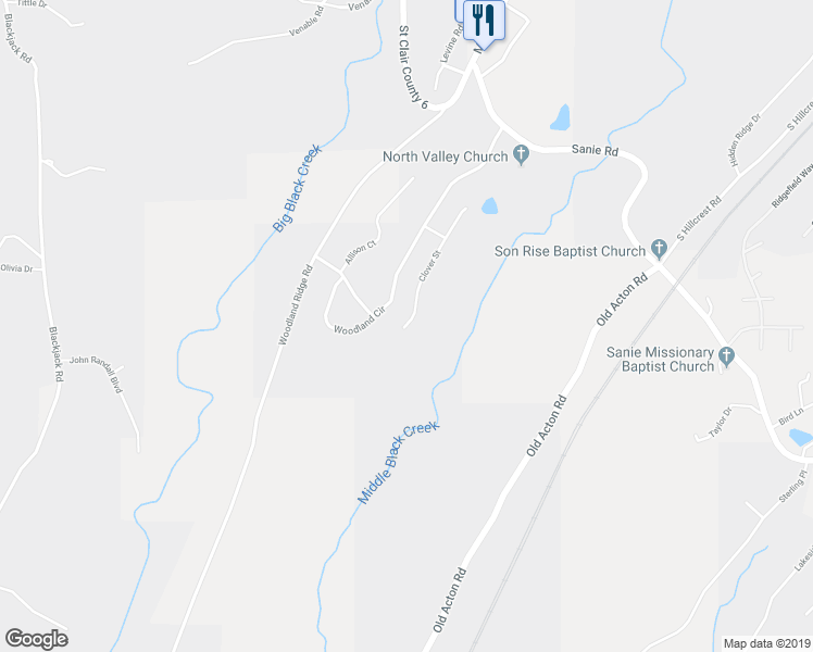 map of restaurants, bars, coffee shops, grocery stores, and more near 1055 Clover Street in Odenville