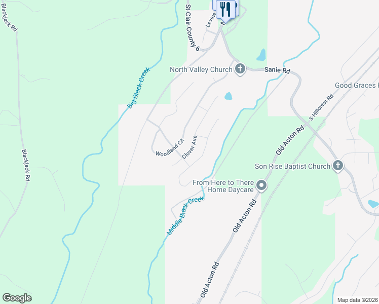 map of restaurants, bars, coffee shops, grocery stores, and more near 1105 Clover Street in Odenville