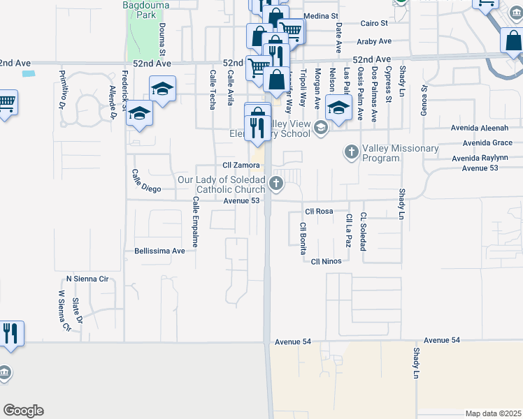 map of restaurants, bars, coffee shops, grocery stores, and more near 53049 Cesar Chavez Street in Coachella