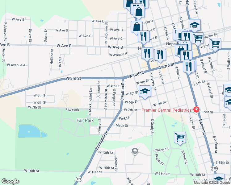 map of restaurants, bars, coffee shops, grocery stores, and more near 1005 West 5th Street in Hope