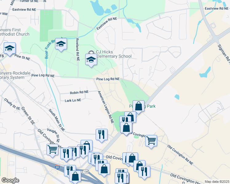 map of restaurants, bars, coffee shops, grocery stores, and more near 677 American Legion Road Northeast in Conyers