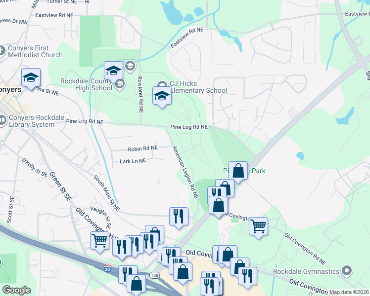 map of restaurants, bars, coffee shops, grocery stores, and more near 677 American Legion Road Northeast in Conyers