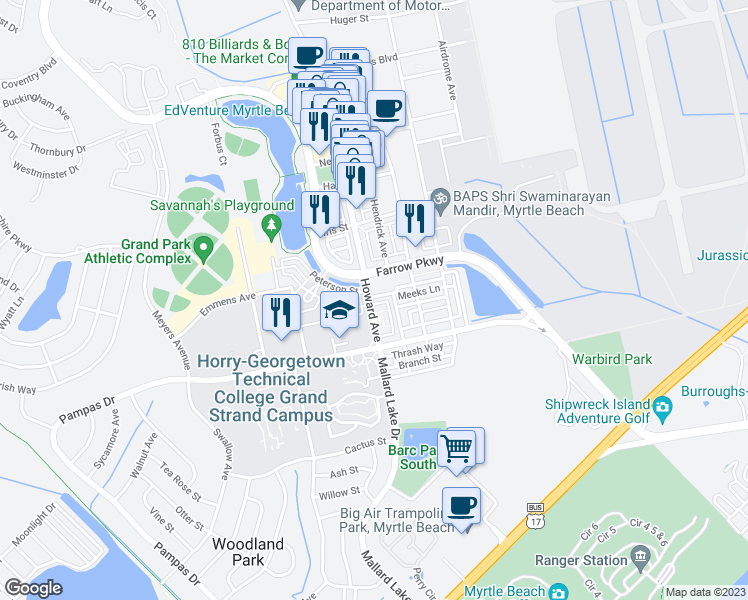 map of restaurants, bars, coffee shops, grocery stores, and more near 2761A Kruzel Street in Myrtle Beach