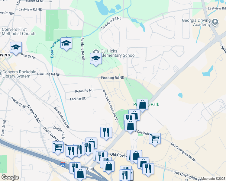 map of restaurants, bars, coffee shops, grocery stores, and more near 677 American Legion Road Northeast in Conyers