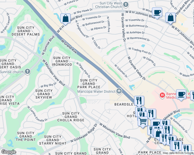 map of restaurants, bars, coffee shops, grocery stores, and more near 15041 West Wrigley Way in Surprise
