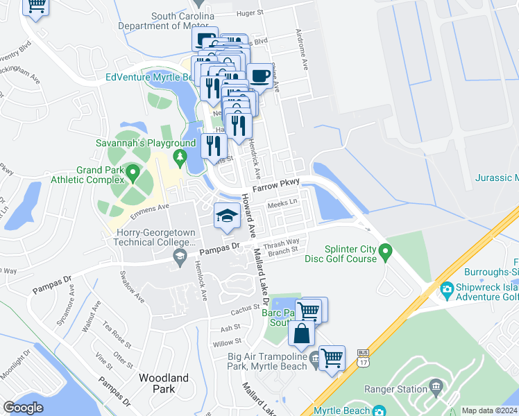 map of restaurants, bars, coffee shops, grocery stores, and more near 2761 Kruzel Street in Myrtle Beach