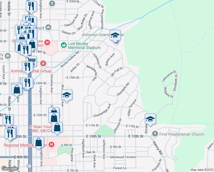 map of restaurants, bars, coffee shops, grocery stores, and more near 1106 Rainbow Circle in Anniston