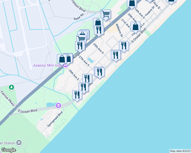 map of restaurants, bars, coffee shops, grocery stores, and more near 2709 South Ocean Boulevard in Myrtle Beach