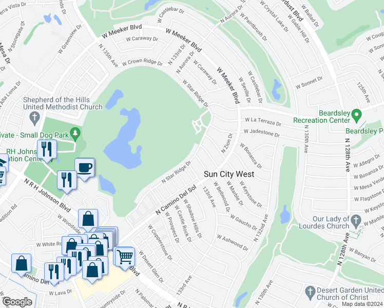 map of restaurants, bars, coffee shops, grocery stores, and more near 19846 North Star Ridge Drive in Sun City West