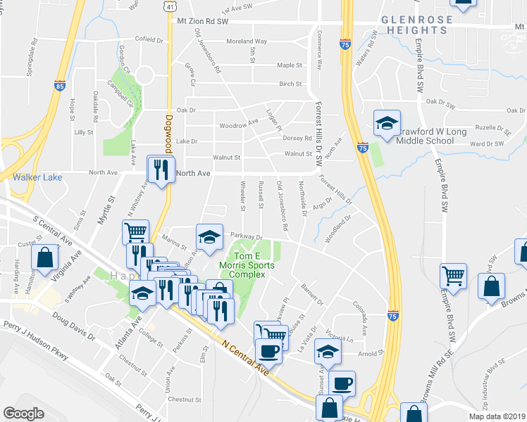 map of restaurants, bars, coffee shops, grocery stores, and more near 3300 Russell Street in Atlanta