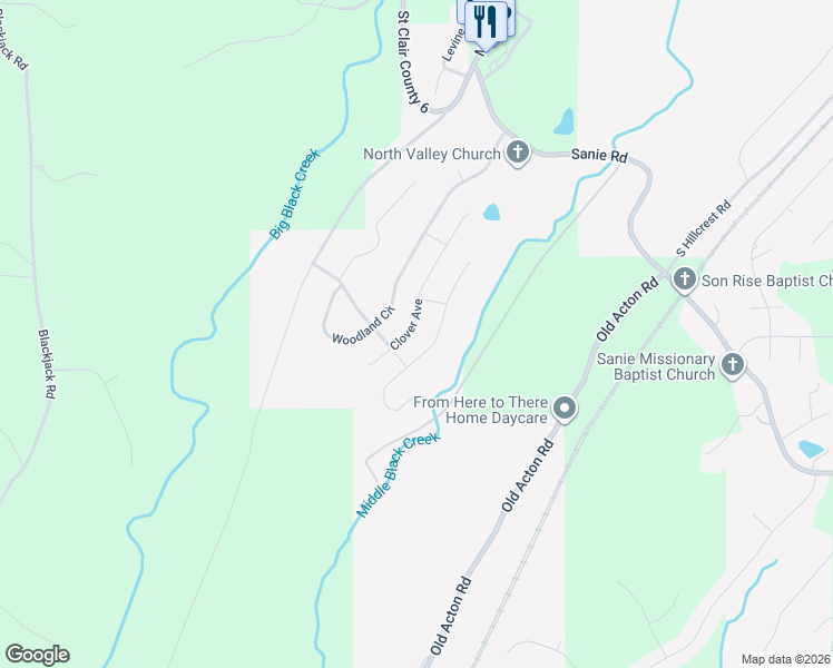 map of restaurants, bars, coffee shops, grocery stores, and more near 1015 Clover Street in Odenville