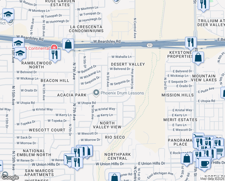 map of restaurants, bars, coffee shops, grocery stores, and more near 226 West Piute Avenue in Phoenix