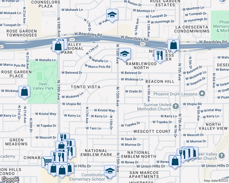map of restaurants, bars, coffee shops, grocery stores, and more near 19426 North 15th Avenue in Phoenix