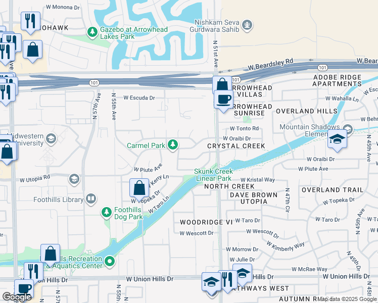 map of restaurants, bars, coffee shops, grocery stores, and more near 5206 West Wikieup Lane in Glendale