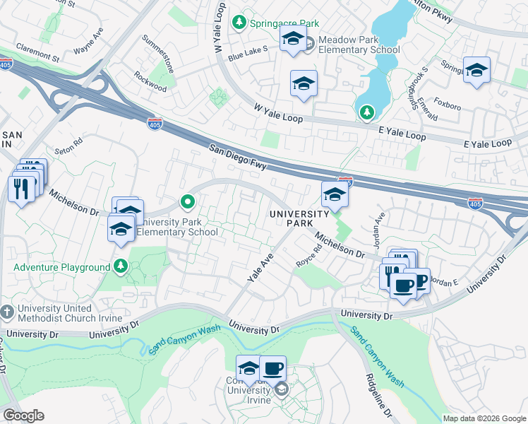 map of restaurants, bars, coffee shops, grocery stores, and more near 55 Willow Tree Lane in Irvine