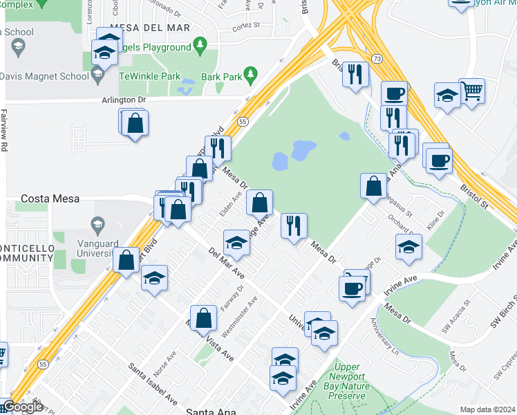 map of restaurants, bars, coffee shops, grocery stores, and more near 162 Quiet Bay Lane in Costa Mesa