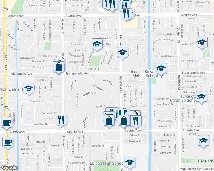 map of restaurants, bars, coffee shops, grocery stores, and more near 8886 Plumas Circle in Huntington Beach