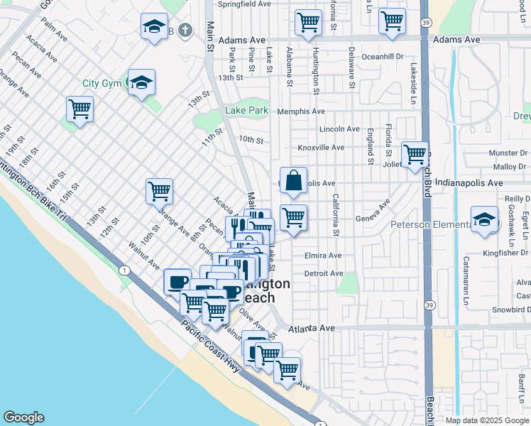 map of restaurants, bars, coffee shops, grocery stores, and more near 606 Lake Street in Huntington Beach