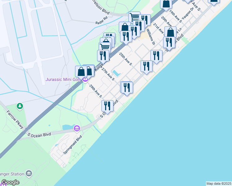 map of restaurants, bars, coffee shops, grocery stores, and more near 2800 South Ocean Boulevard in Myrtle Beach