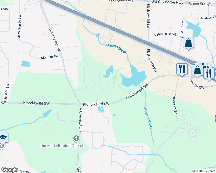 map of restaurants, bars, coffee shops, grocery stores, and more near Maplewood Lane in Conyers