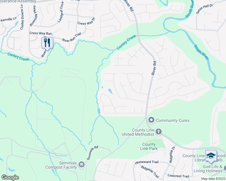 map of restaurants, bars, coffee shops, grocery stores, and more near 3375 River Mill Lane in Ellenwood