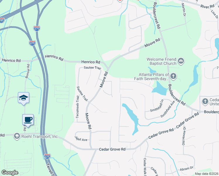 map of restaurants, bars, coffee shops, grocery stores, and more near 4016 Moore Creek Drive in Conley