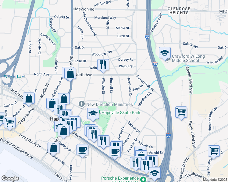 map of restaurants, bars, coffee shops, grocery stores, and more near 3300 Russell Street in Atlanta