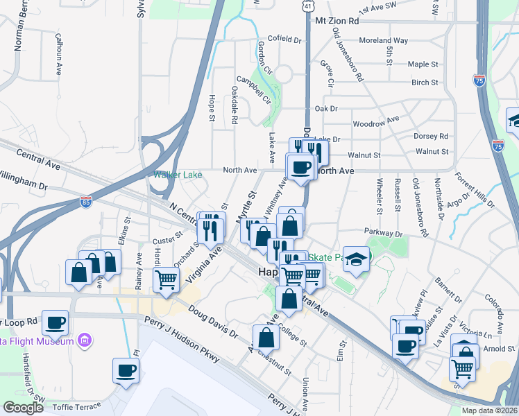map of restaurants, bars, coffee shops, grocery stores, and more near 3335 North Whitney Avenue in Hapeville