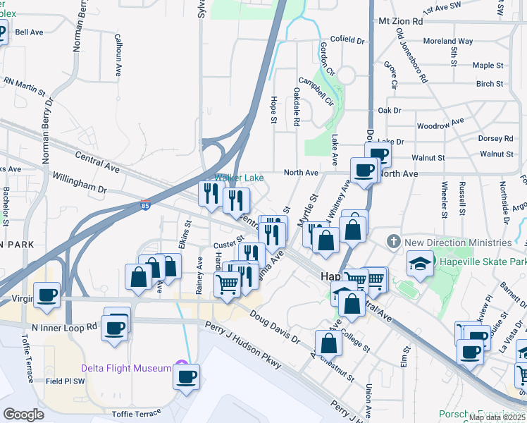 map of restaurants, bars, coffee shops, grocery stores, and more near 3316 Stillwood Lane in Hapeville