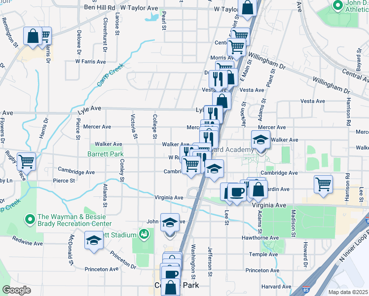 map of restaurants, bars, coffee shops, grocery stores, and more near 1825 West Rugby Avenue in College Park