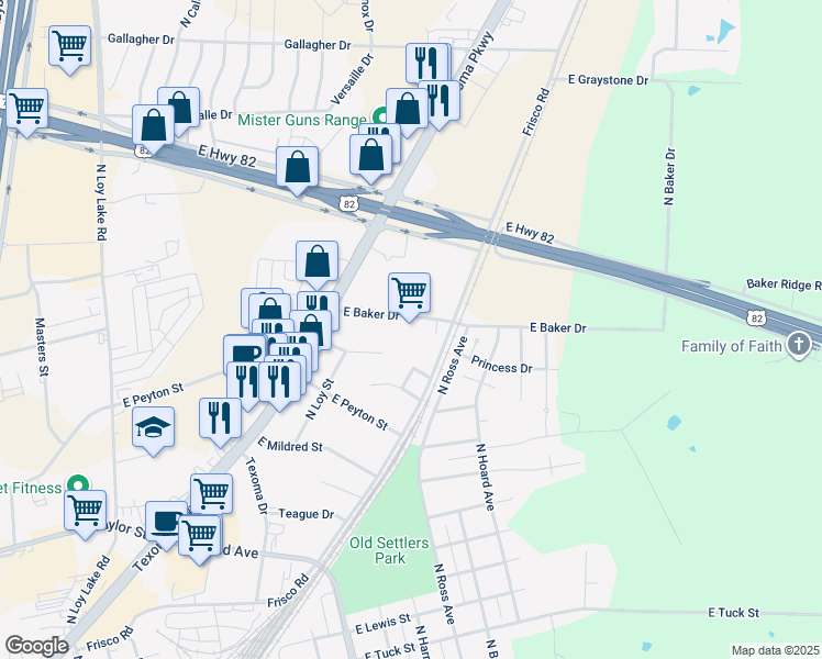 map of restaurants, bars, coffee shops, grocery stores, and more near 1700 Baker Road in Sherman