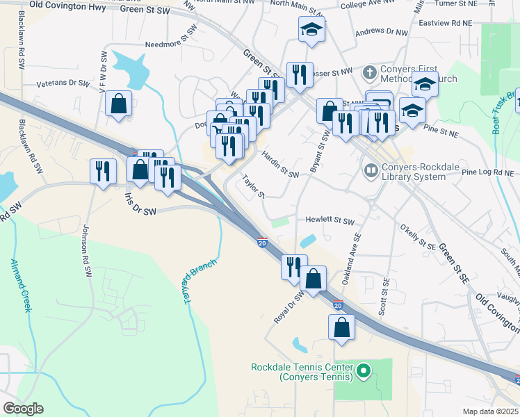 map of restaurants, bars, coffee shops, grocery stores, and more near 1130 Dogwood Drive Southwest in Conyers