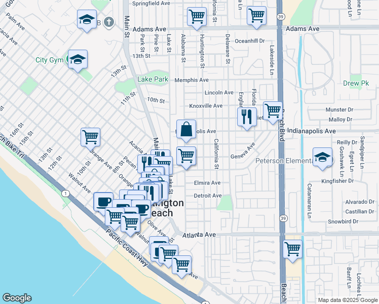 map of restaurants, bars, coffee shops, grocery stores, and more near 207 Geneva Avenue in Huntington Beach