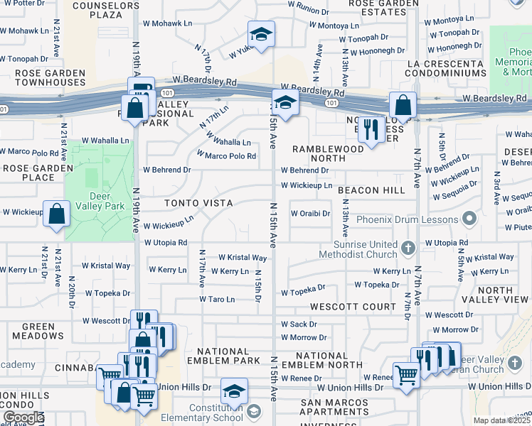 map of restaurants, bars, coffee shops, grocery stores, and more near 19426 North 15th Avenue in Phoenix