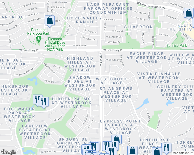 map of restaurants, bars, coffee shops, grocery stores, and more near 9120 West Tonto Lane in Peoria