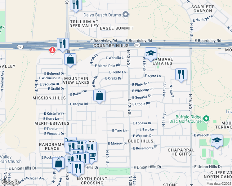 map of restaurants, bars, coffee shops, grocery stores, and more near 1026 East Sequoia Drive in Phoenix