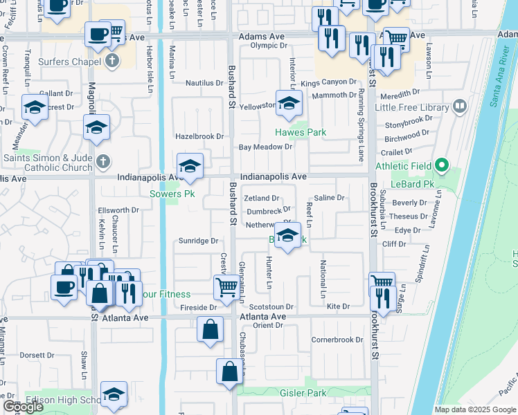 map of restaurants, bars, coffee shops, grocery stores, and more near 9532 Dumbreck Drive in Huntington Beach