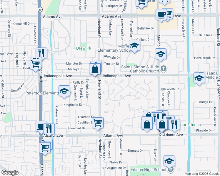map of restaurants, bars, coffee shops, grocery stores, and more near 8566 Trinity Circle in Huntington Beach