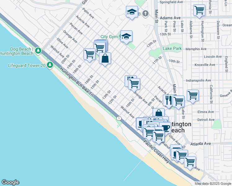 map of restaurants, bars, coffee shops, grocery stores, and more near 221 12th Street in Huntington Beach