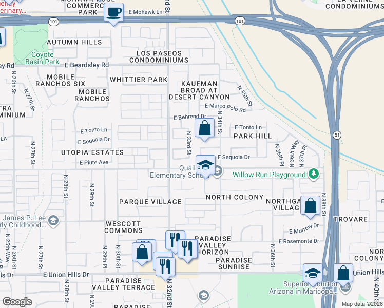 map of restaurants, bars, coffee shops, grocery stores, and more near 19431 North 33rd Street in Phoenix
