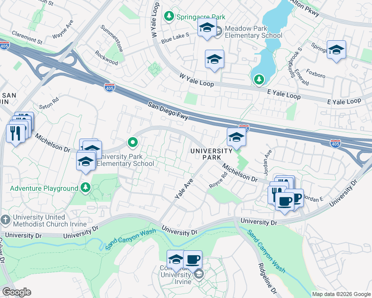 map of restaurants, bars, coffee shops, grocery stores, and more near 16 Willow Tree Lane in Irvine