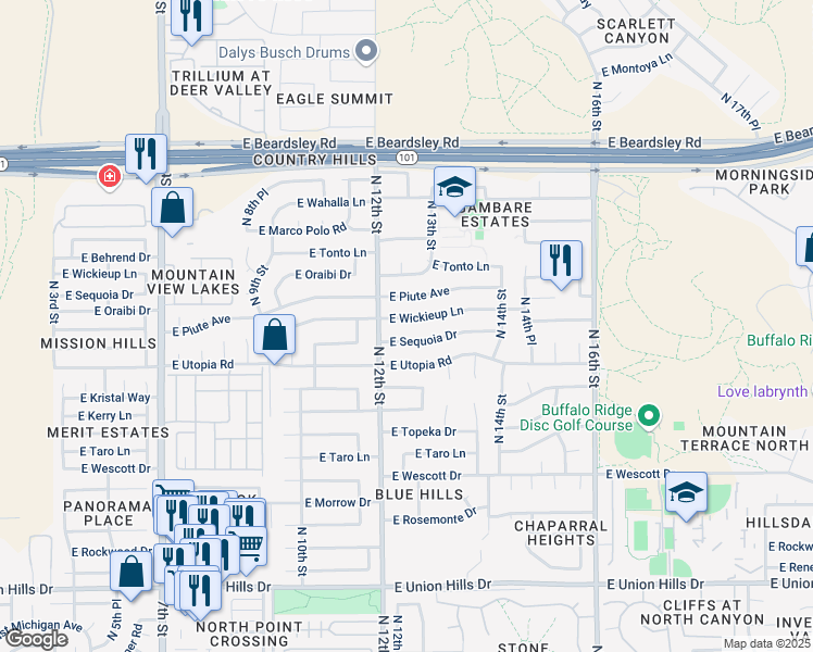 map of restaurants, bars, coffee shops, grocery stores, and more near 1226 East Sequoia Drive in Phoenix